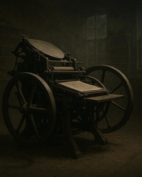 An abandoned printing press standing silently inside a dark historic print shop
