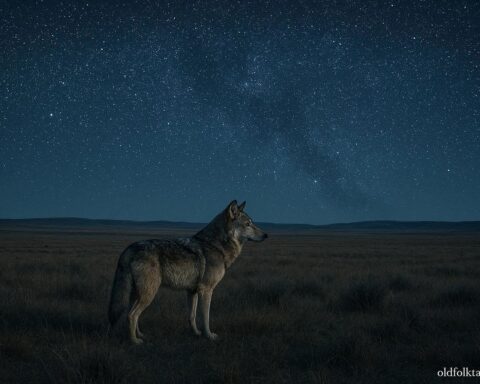 Wolf standing on the Plains beneath a star-filled night sky symbolizing navigation and guidance.
