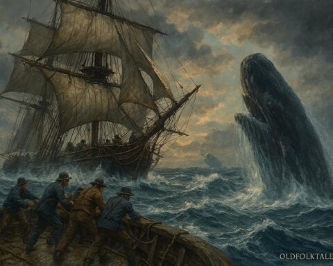New England whalers working together on a ship facing a massive whale