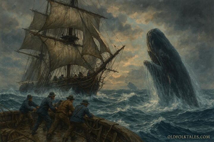 New England whalers working together on a ship facing a massive whale