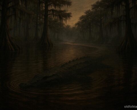 A massive shadowy river creature with a sturgeon like body and crocodile shaped head moving beneath the dark waters of the Altamaha River at dusk.