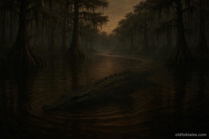 A massive shadowy river creature with a sturgeon like body and crocodile shaped head moving beneath the dark waters of the Altamaha River at dusk.
