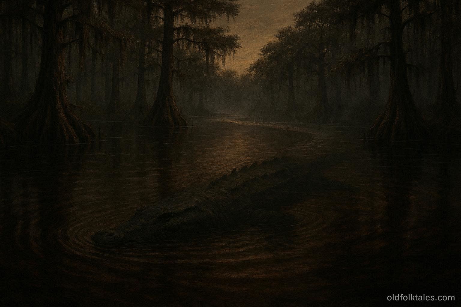 A massive shadowy river creature with a sturgeon like body and crocodile shaped head moving beneath the dark waters of the Altamaha River at dusk.