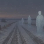 Ancestral spirit figures walking along a snow covered winter road during snowfall.