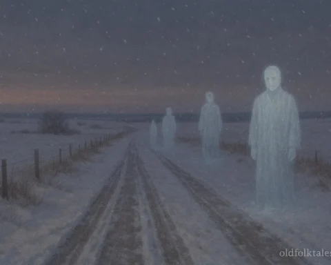 Ancestral spirit figures walking along a snow covered winter road during snowfall.