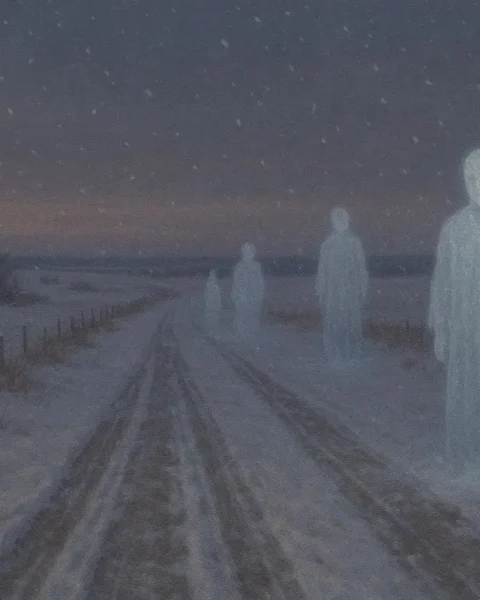 Ancestral spirit figures walking along a snow covered winter road during snowfall.