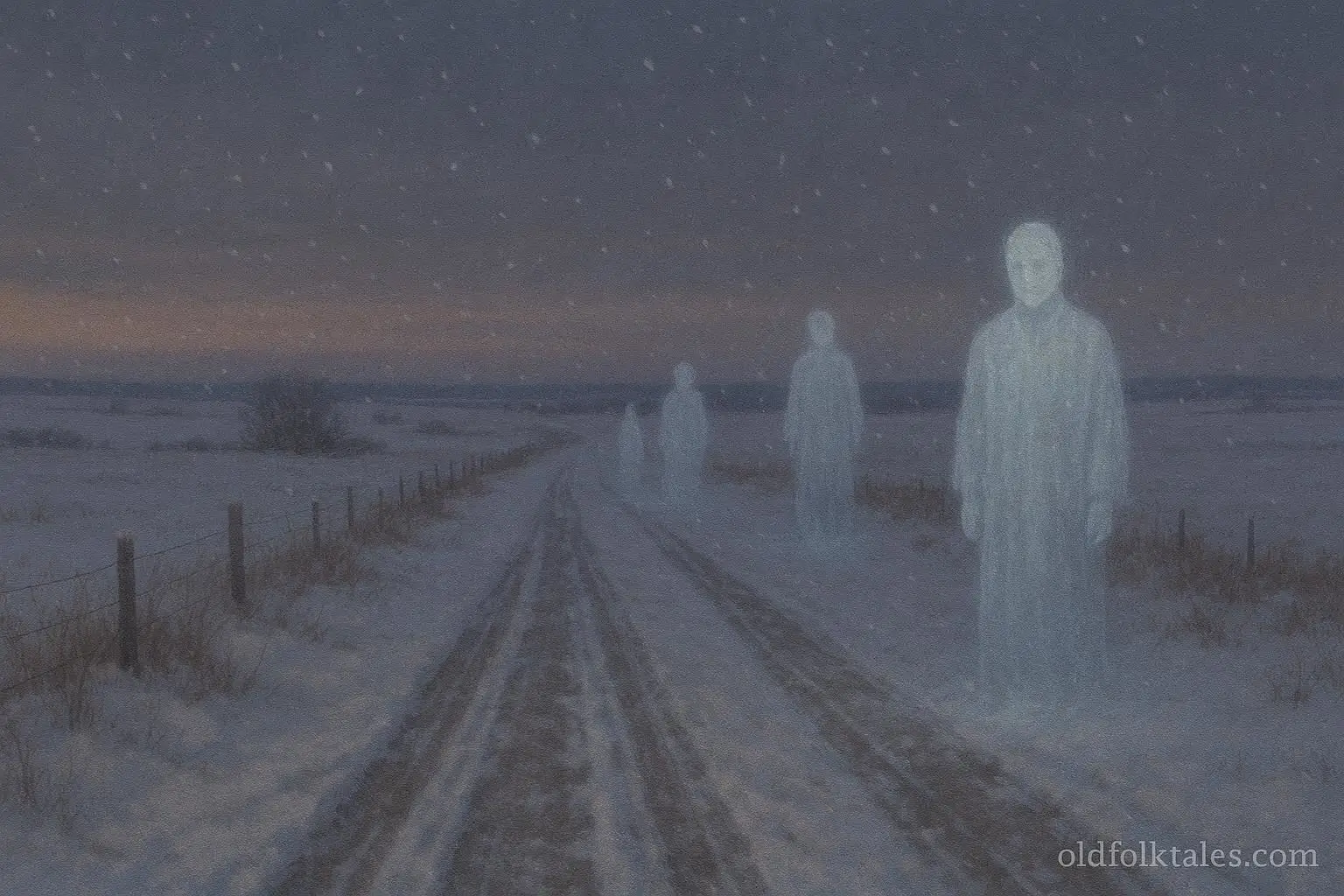 Ancestral spirit figures walking along a snow covered winter road during snowfall.