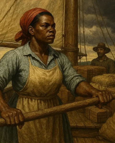 A strong African American woman steering a keelboat on the Mississippi River with her crew observing.