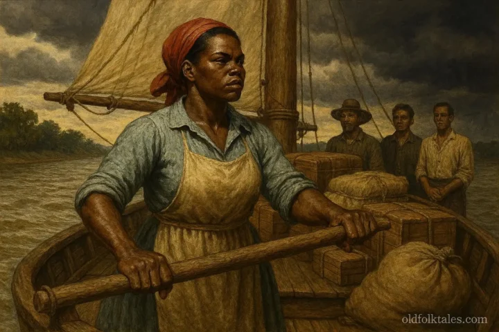 A strong African American woman steering a keelboat on the Mississippi River with her crew observing.