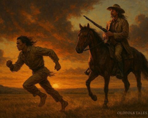 A western prairie scene showing one cowboy on horseback and another running swiftly across the plains at sunset.