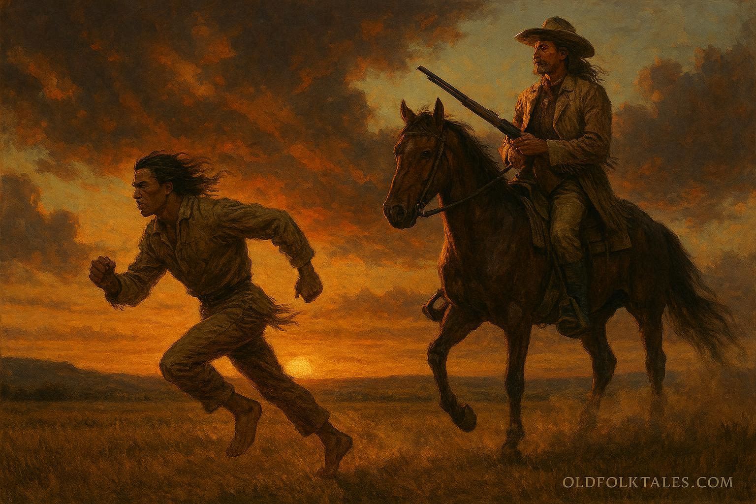 A western prairie scene showing one cowboy on horseback and another running swiftly across the plains at sunset.