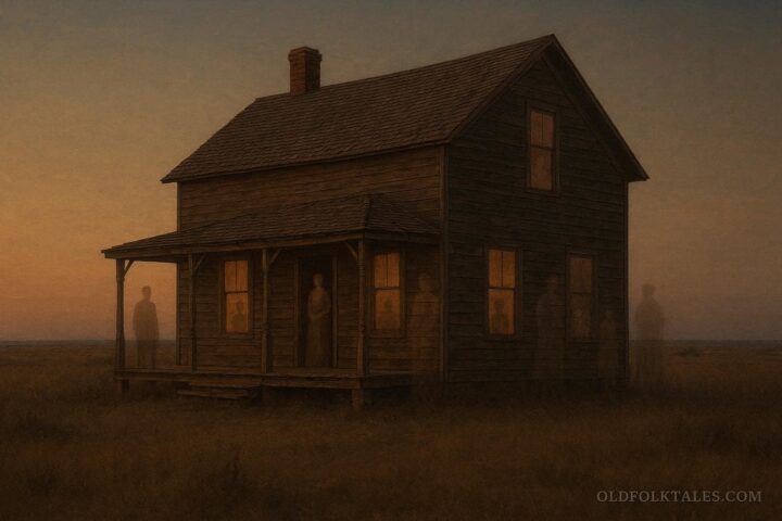 Translucent human-shaped spirits standing near an abandoned Great Plains homestead at dusk.