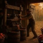 Farmers pressing apples into cider inside a rustic autumn barn during a harvest festival.