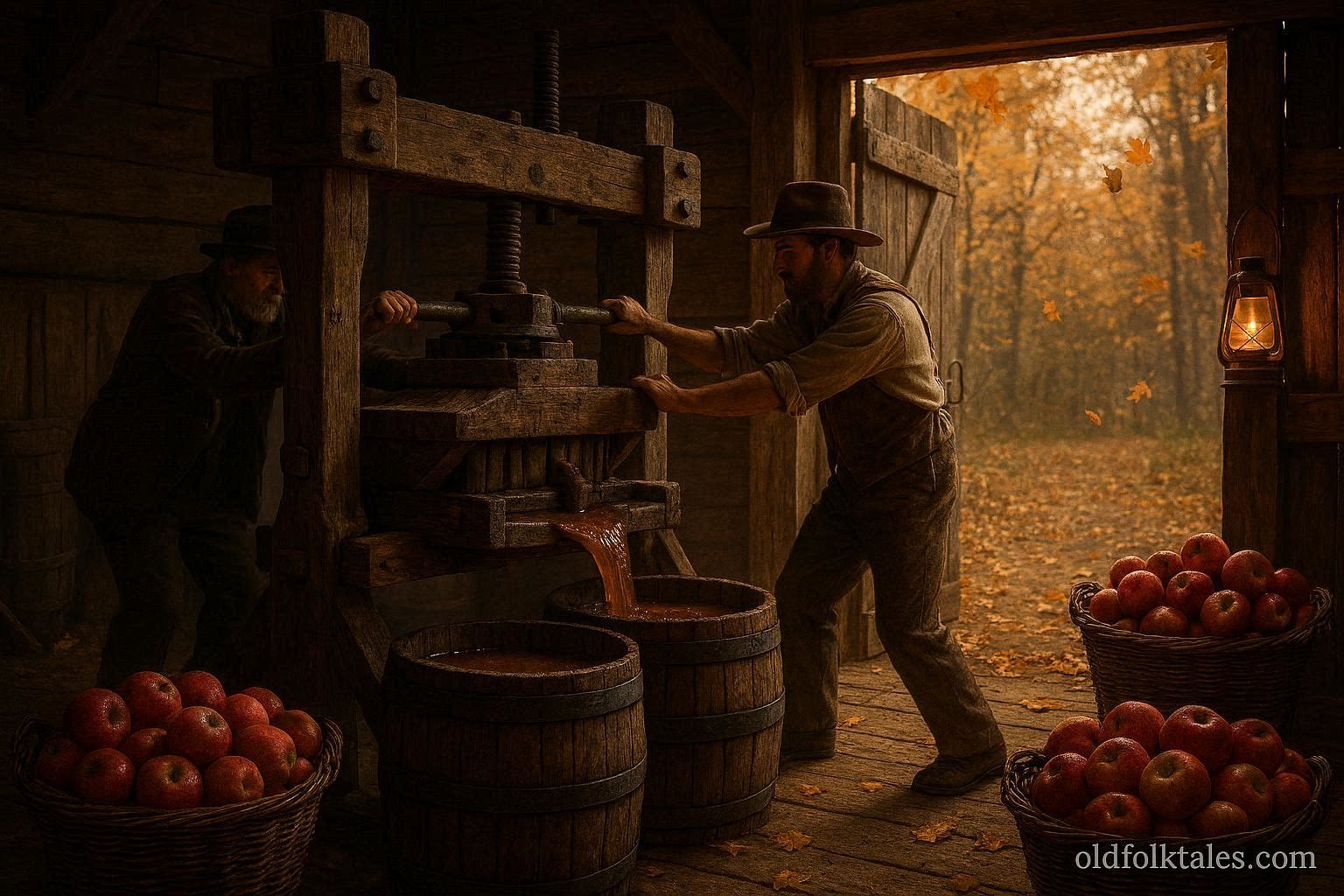 Farmers pressing apples into cider inside a rustic autumn barn during a harvest festival.