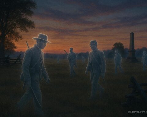 Translucent soldier-shaped spirits moving across an Eastern United States battlefield at sunset.