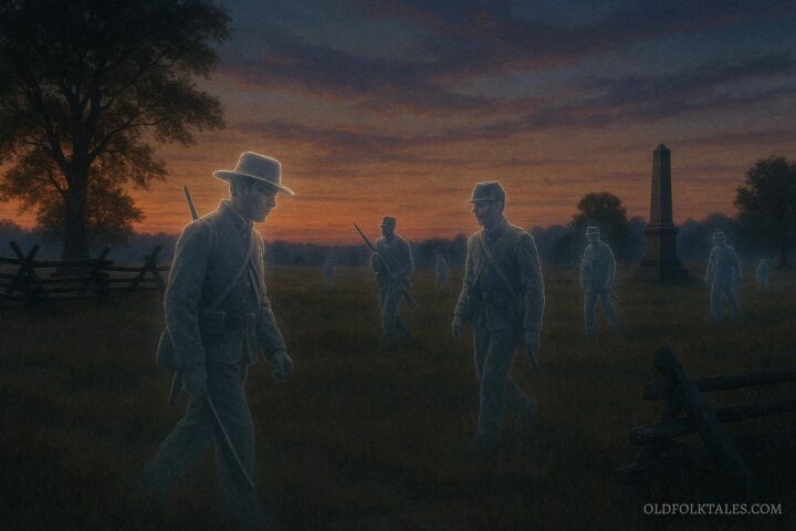 Translucent soldier-shaped spirits moving across an Eastern United States battlefield at sunset.