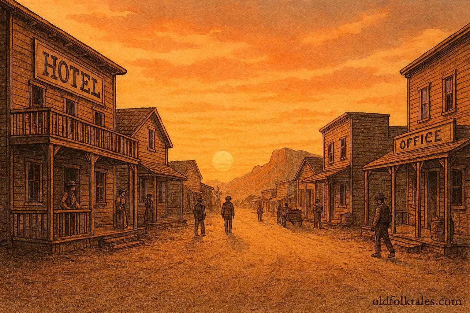 Billy the Kid outlaw legend represented by a 19th-century Southwestern frontier town scene