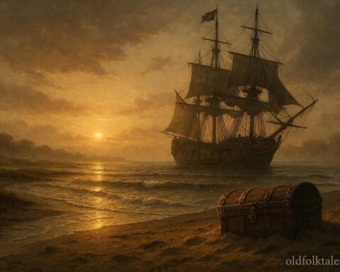 Pirate ship near the Outer Banks with a partially buried treasure chest, evoking Blackbeard’s lost treasure legend of 1718.