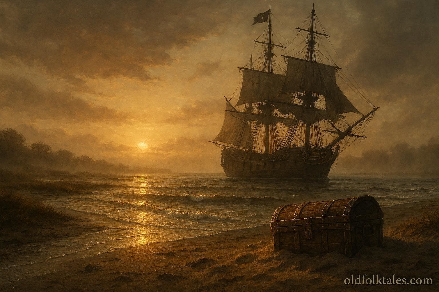 Pirate ship near the Outer Banks with a partially buried treasure chest, evoking Blackbeard’s lost treasure legend of 1718.