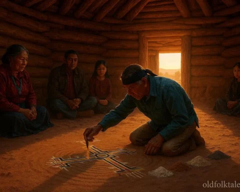 A ceremonial singer performs a Blessingway healing ritual inside a Navajo hogan while family members observe respectfully.