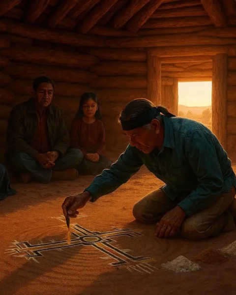 A ceremonial singer performs a Blessingway healing ritual inside a Navajo hogan while family members observe respectfully.