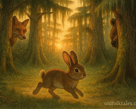 A clever rabbit hopping across a forest clearing while fox and bear watch from behind trees.