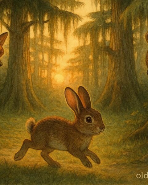 A clever rabbit hopping across a forest clearing while fox and bear watch from behind trees.