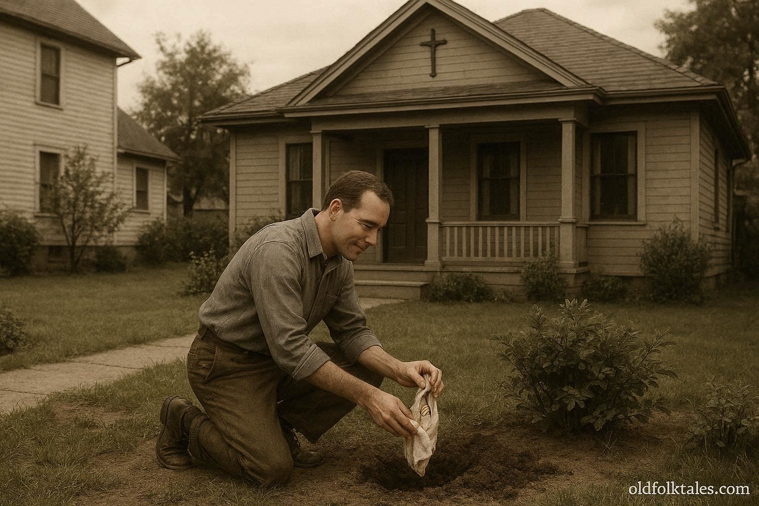 Person burying a small religious statue in front of a house