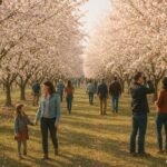 Visitors walking through almond orchards in bloom in California Central Valley during late winter festival