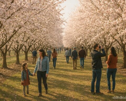 Visitors walking through almond orchards in bloom in California Central Valley during late winter festival