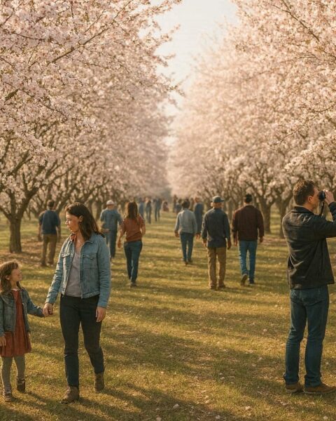 Visitors walking through almond orchards in bloom in California Central Valley during late winter festival