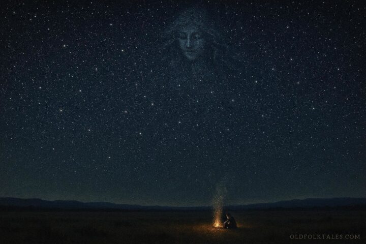 Plains landscape at night with a glowing campfire below and bright stars above, illustrating the belief that stars are ancestral campfires watching over the living