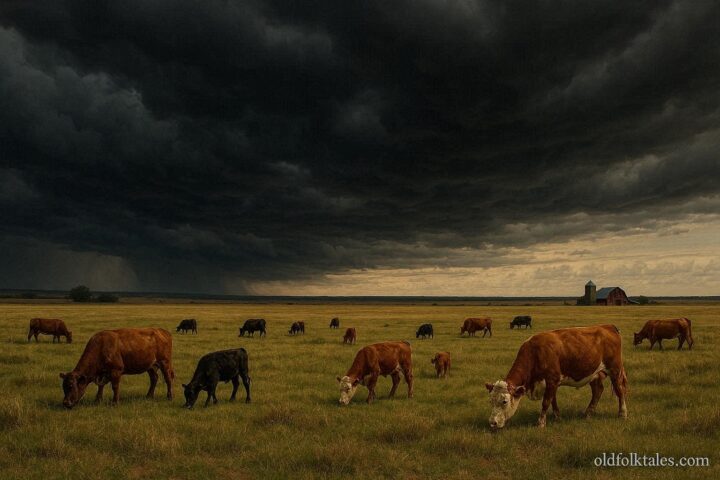 Cattle grazing calmly in an open pasture while dark storm clouds gather overhead on the American plains.