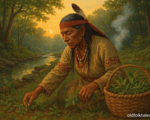 A Cherokee medicine person gathers sacred herbs in a misty forest before performing a purification ceremony.