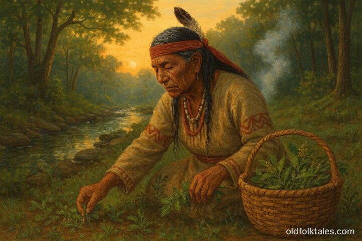 A Cherokee medicine person gathers sacred herbs in a misty forest before performing a purification ceremony.