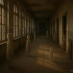 Translucent child spirits standing quietly in the hallway of an abandoned boarding school.