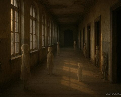 Translucent child spirits standing quietly in the hallway of an abandoned boarding school.