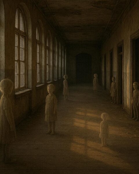 Translucent child spirits standing quietly in the hallway of an abandoned boarding school.