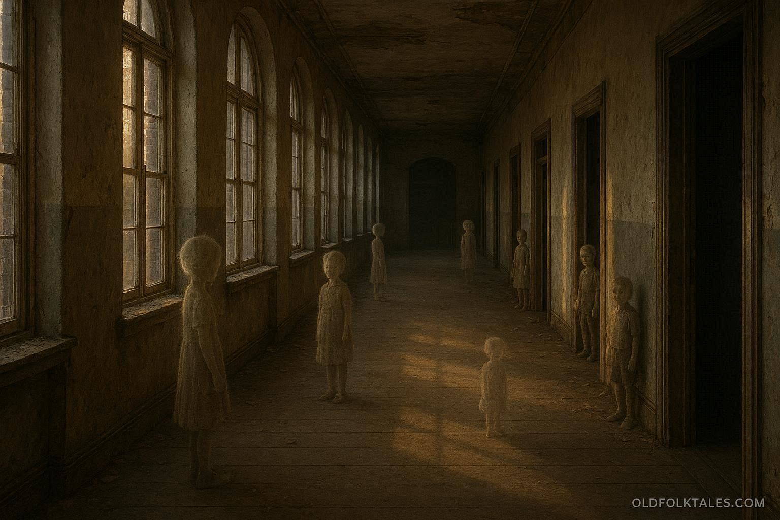 Translucent child spirits standing quietly in the hallway of an abandoned boarding school.