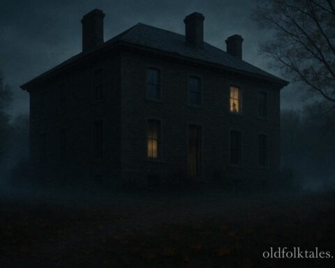 Historic Vermont manor at dusk with faint childlike shadow at window and suggestion of hidden passage inside representing Highgate Manor legend.