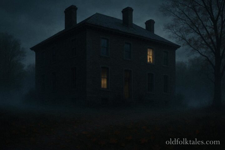 Historic Vermont manor at dusk with faint childlike shadow at window and suggestion of hidden passage inside representing Highgate Manor legend.