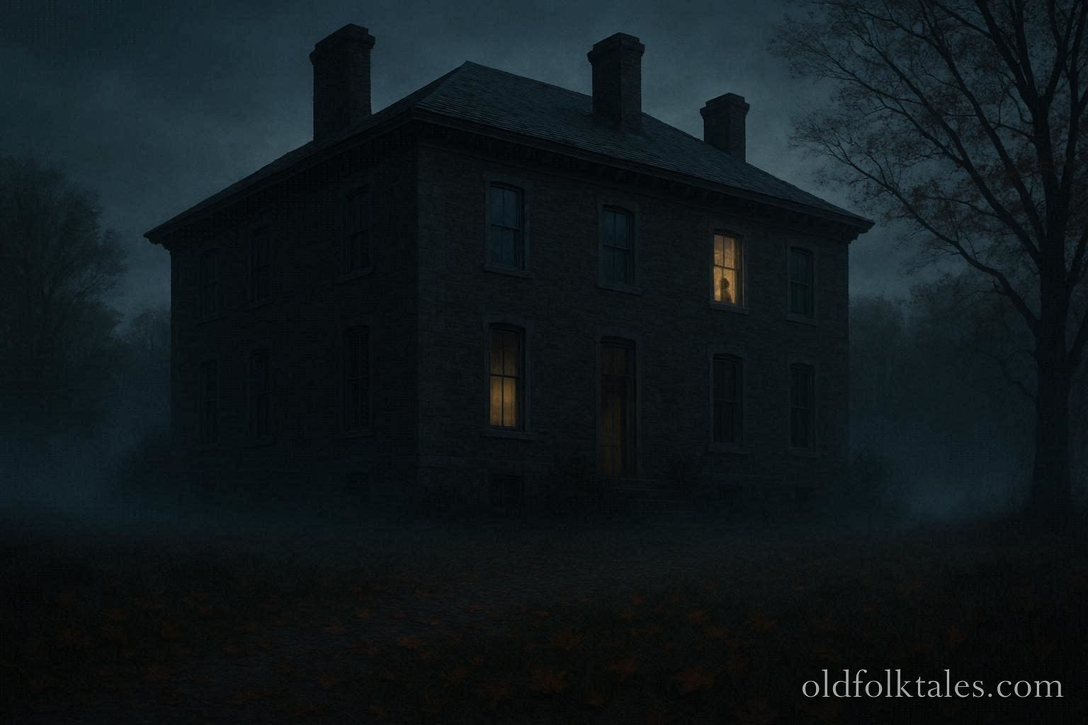 Historic Vermont manor at dusk with faint childlike shadow at window and suggestion of hidden passage inside representing Highgate Manor legend.