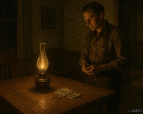 Early twentieth century American home at night with money left uncounted on a table under lamplight reflecting a superstition about wealth and darkness