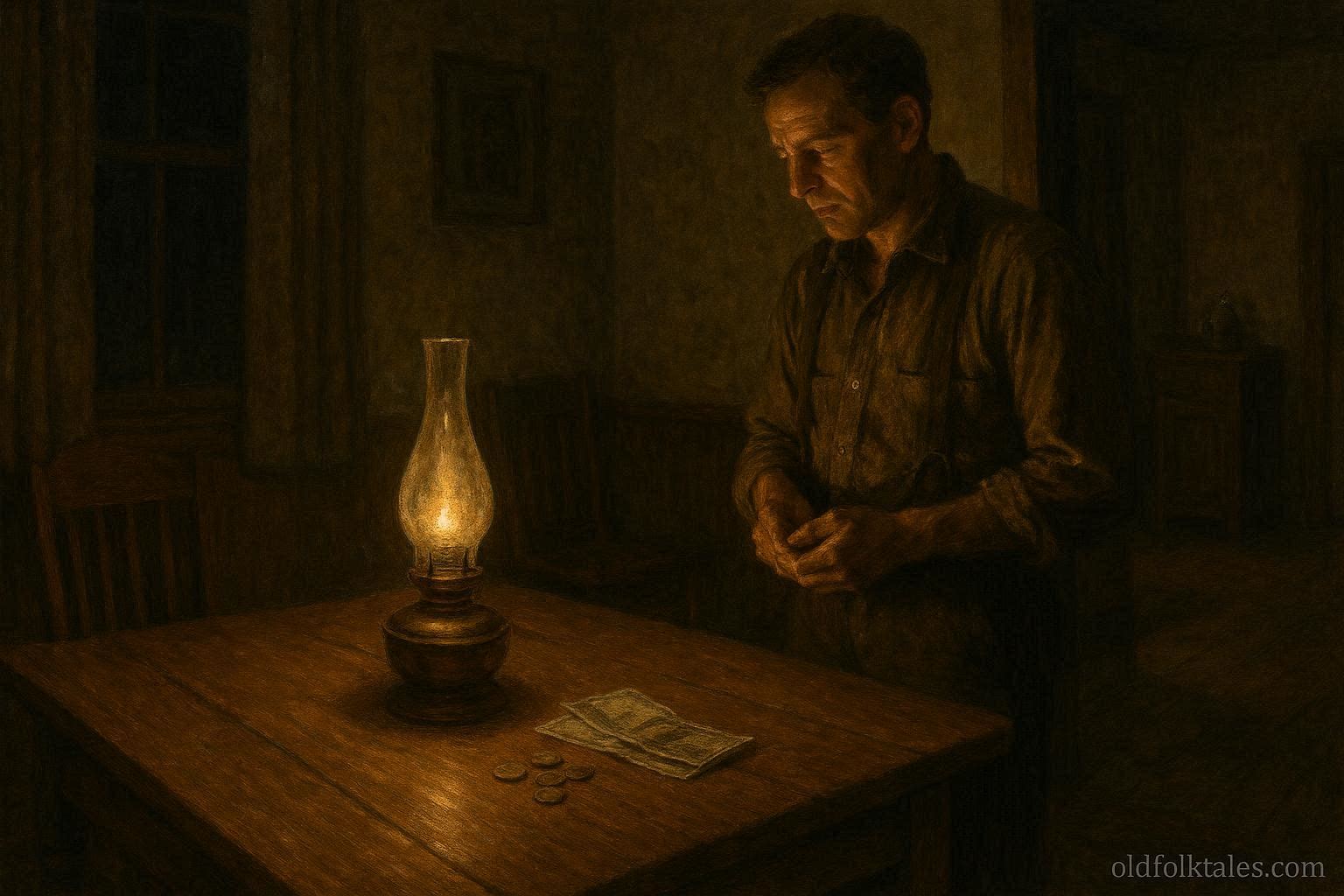 Early twentieth century American home at night with money left uncounted on a table under lamplight reflecting a superstition about wealth and darkness