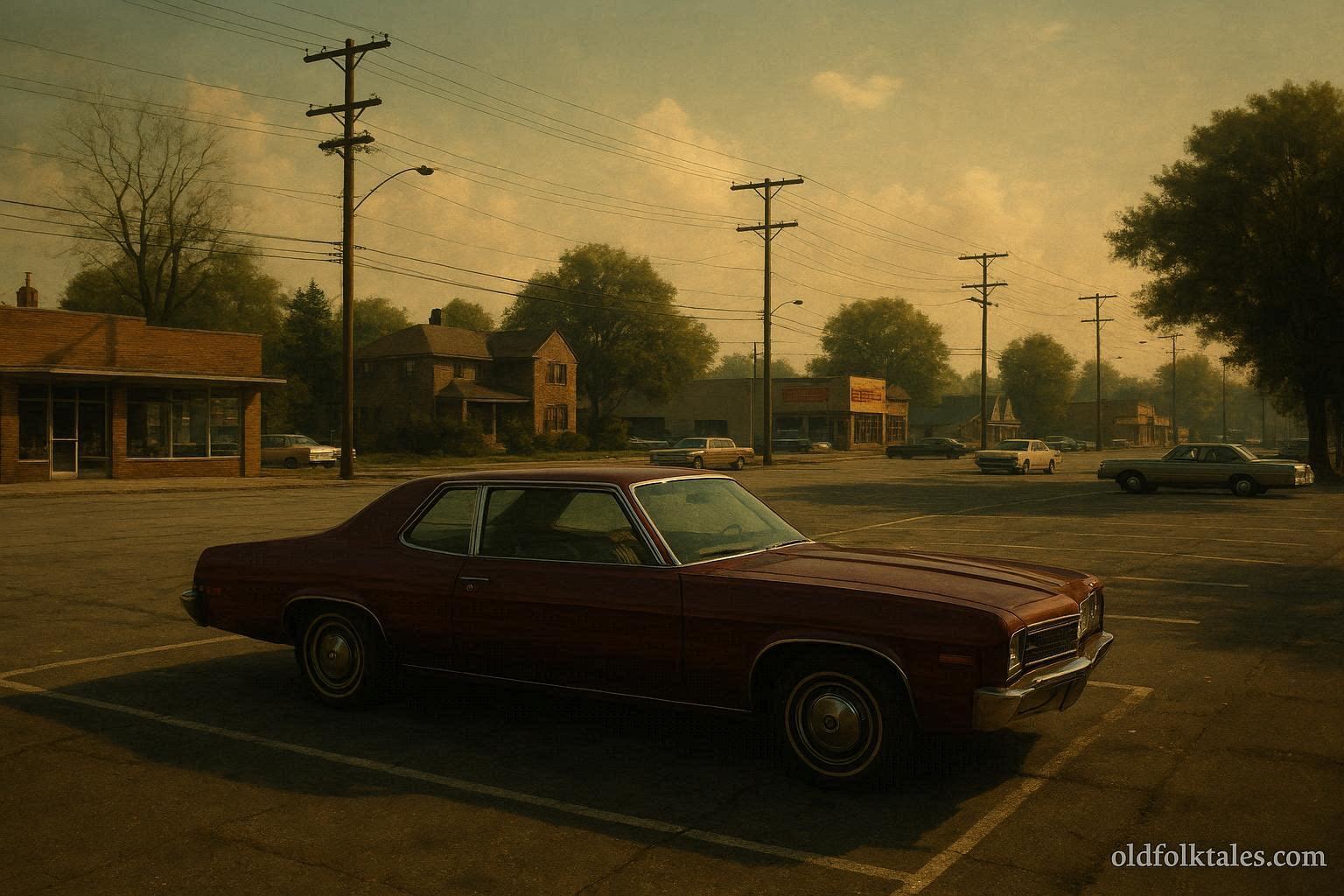Illustration of a 1970s Detroit parking lot showing a maroon car, representing the location of Jimmy Hoffa’s disappearance in 1975.