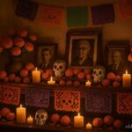 A candlelit Día de los Muertos altar decorated with marigolds, photographs, and sugar skulls.