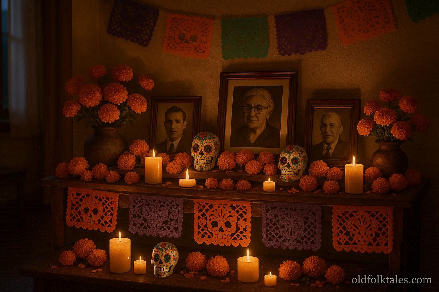 A candlelit Día de los Muertos altar decorated with marigolds, photographs, and sugar skulls.