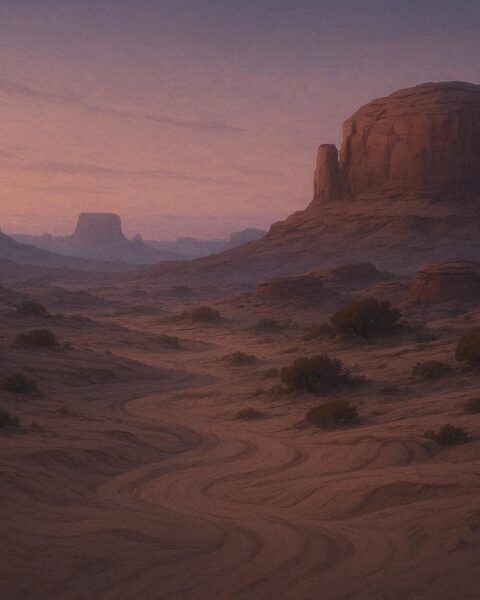 Southwestern desert terrain with no visible paths, representing legends of disappearing retreat routes.