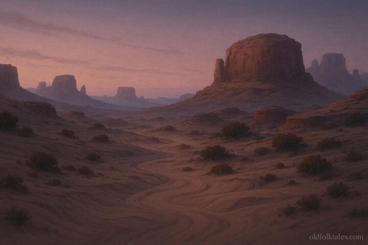 Southwestern desert terrain with no visible paths, representing legends of disappearing retreat routes.