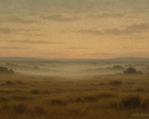 Misty plains landscape at dawn symbolizing distant drum warnings remembered in Indigenous war legends.